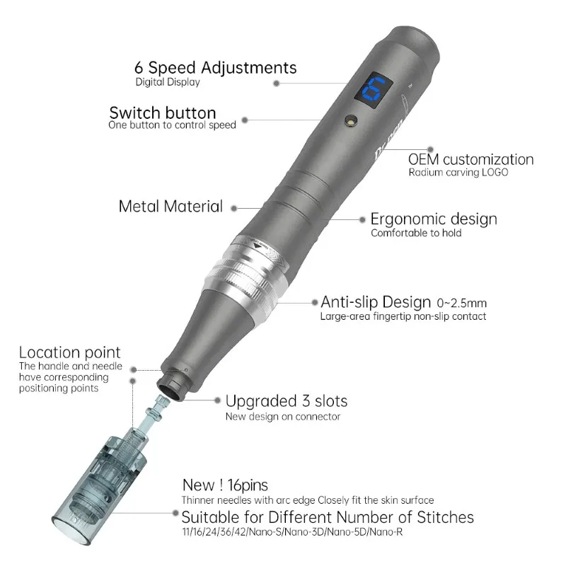 

Wireless Electric Derma Pen Microneedle Face Tightening Machine Needle Cartridges 16pins Dr Pen Microneedling Pen M8, Black