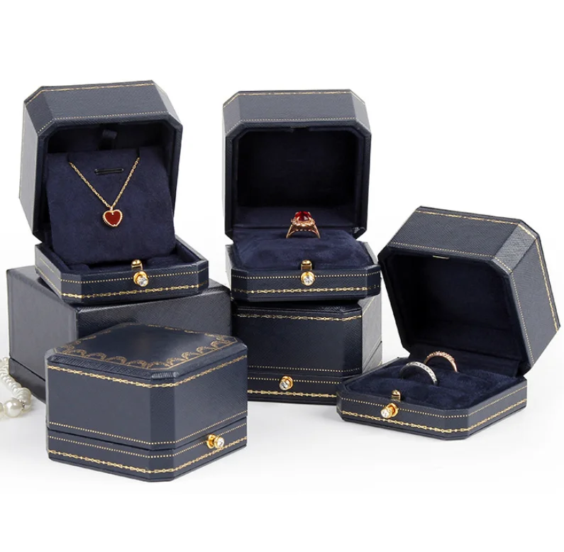 

Vintage Octagonal Custom Jewelry Box Packaging Luxury Leather Ring Necklace Boxes for Jewelry, Red/blue