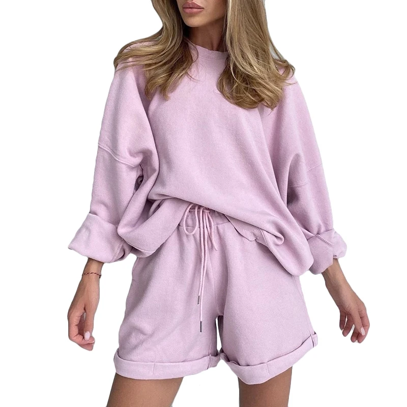 

TWOTWINSTYL O Neck Lantern Sleeve Top High Waist Lace Up Shorts Loose Set Female 2021