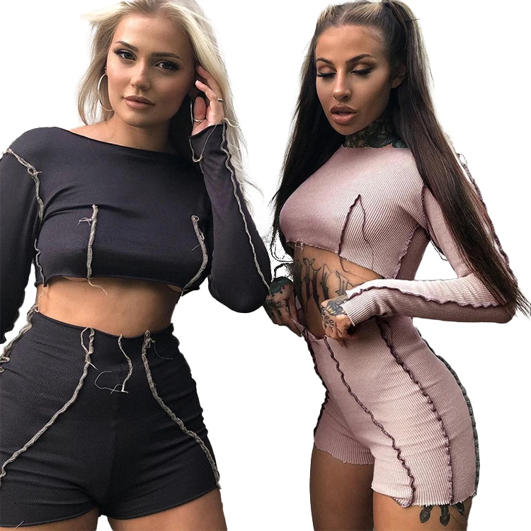 

2021 spring and summer new solid color backside skynny women short two piece sets casual suit