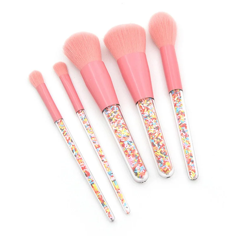 

Hot Sale 5pcs Makeup Brush Set Pink Color Transparent Plastic With Diamond Handle Synthetic Hair Beauty Brushes With Opp Bag