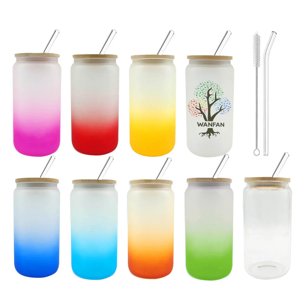 

Wholesale 12oz 16oz 20oz 600ml Blank Frosted Sublimation Beer Can Gradient Tumbler Glass with Bamboo Lid and Glass Straw, Gradient, sublimation