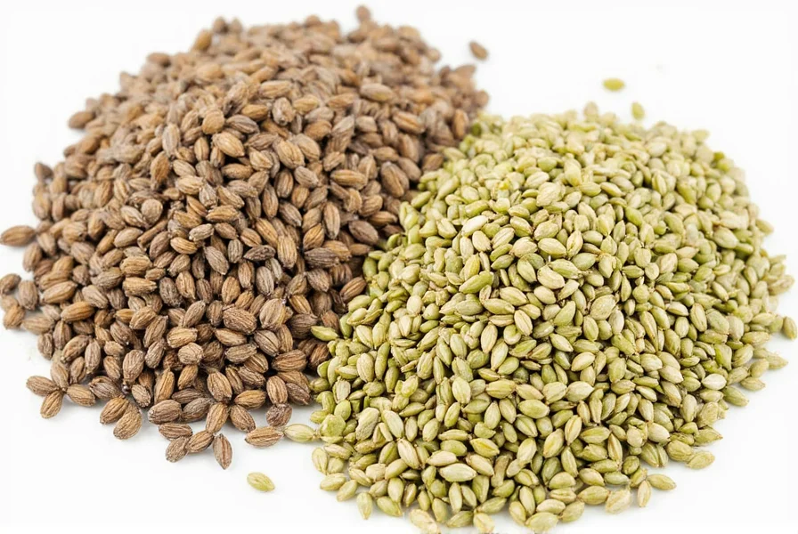 Caraway seeds next to fennel seeds on a wooden table