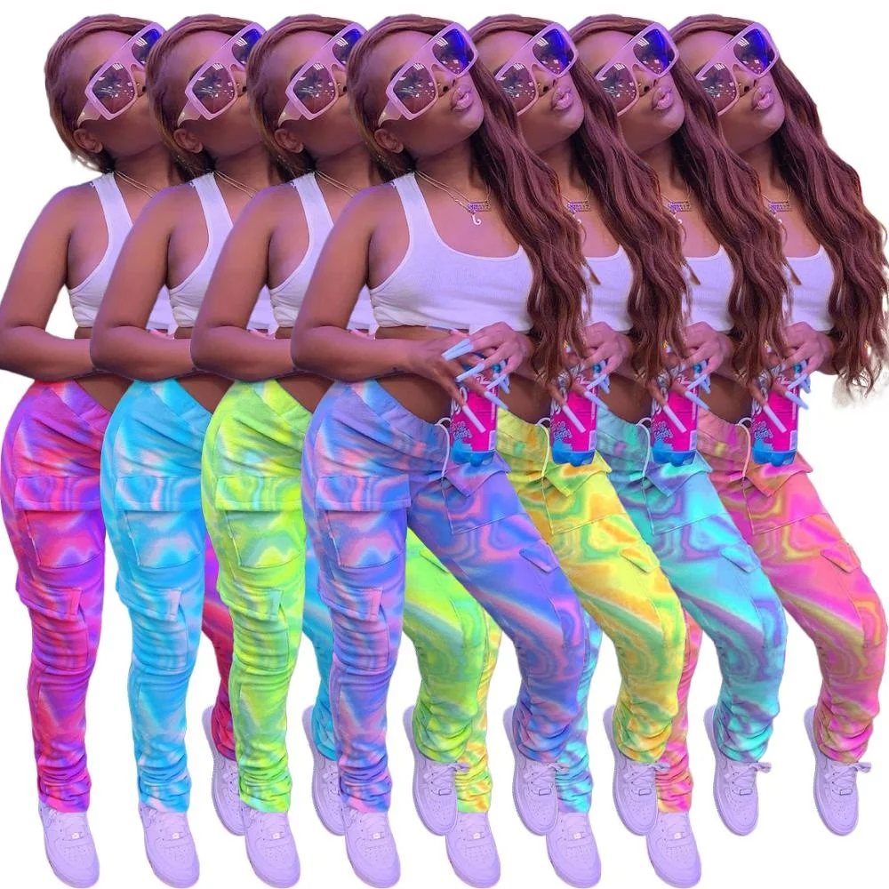 

2020 Women Tie Dye Sweat Jogging Pants Fashion Fall Clothing Yoga Pockets Cargo Pants Trousers Leggings Stacked Joggers