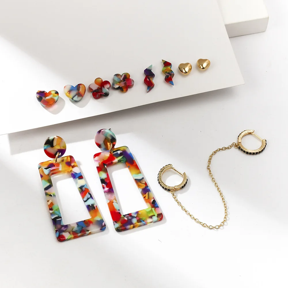 

European Hot Selling Colorful Acrylic Star Heart Lighting Stud Earrings Set Inlay Crystal Brass Buckle Earrings, As picture show