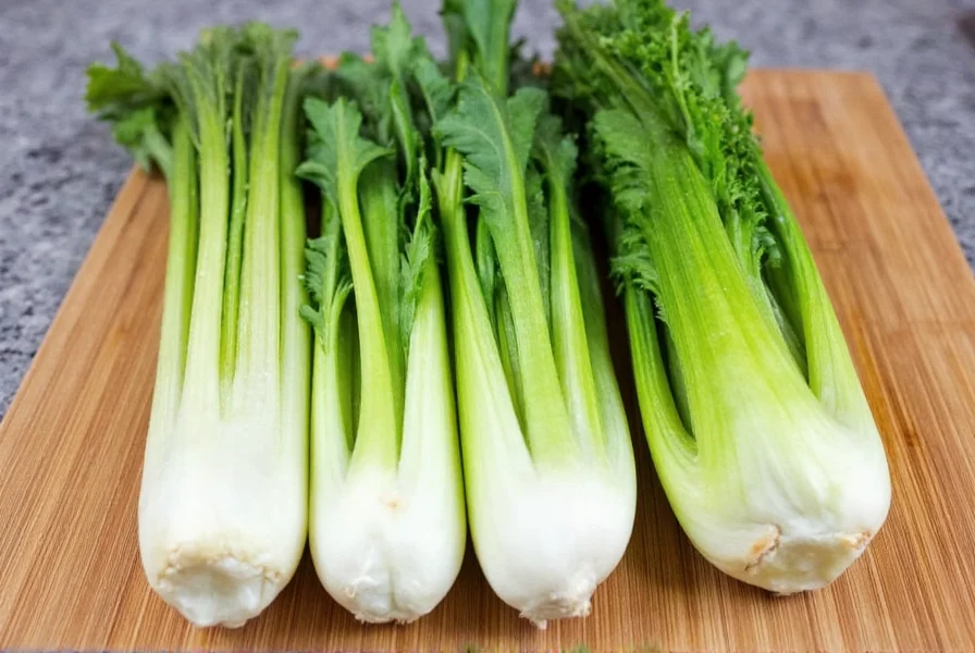 Close-up comparison of fennel bulb alternatives: celery, bok choy, and endive arranged on cutting board