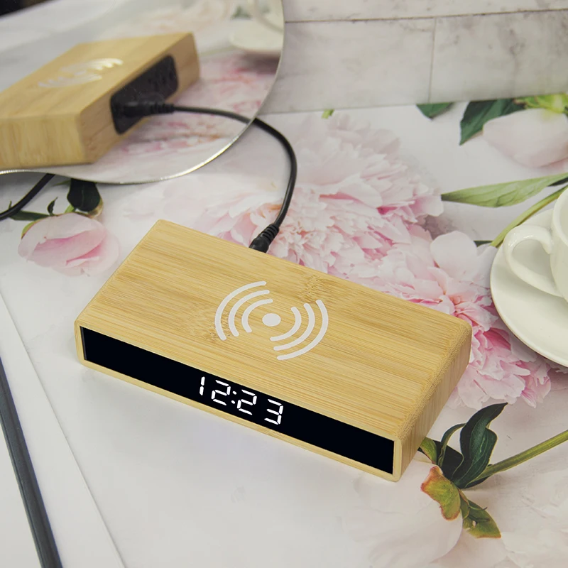 

EMAF Portable wood LED QI table alarm clock wireless universal mobile cell phone charger digital alarm clock, Black/ white/brown/bamboo