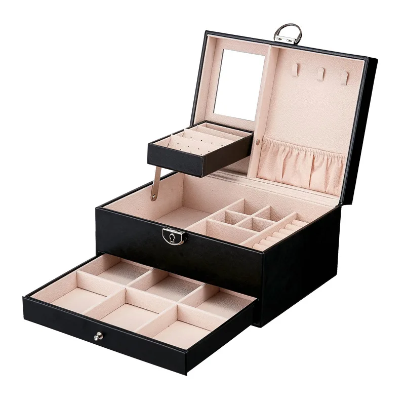 

Amazon Hot sale luxury hanmade jewellery storage box for necklace ring earring lipgloss make up leather jewelry organizer box