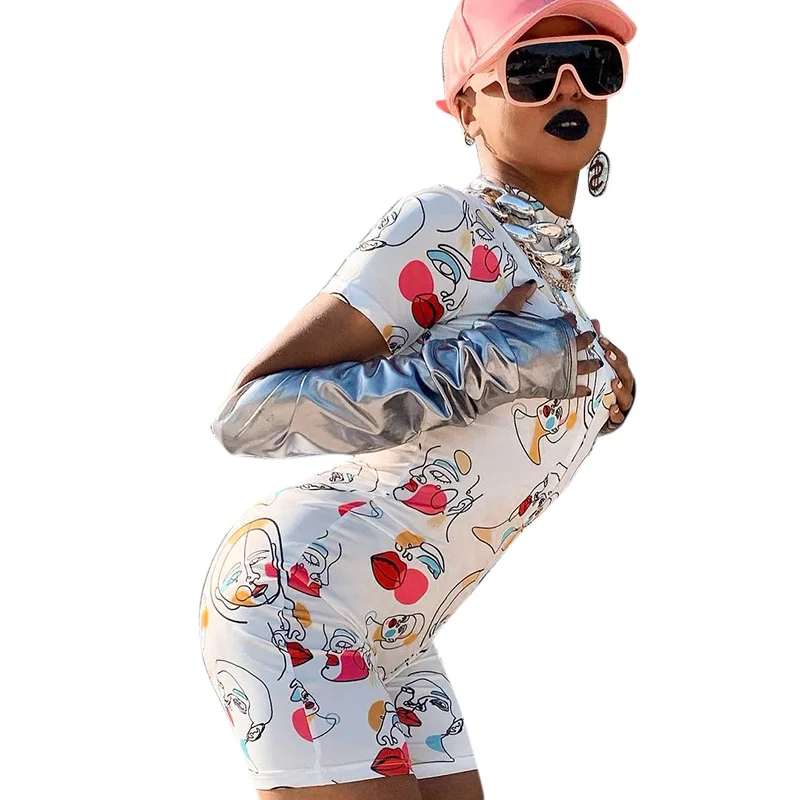 

2021 New Arrivals One Piece Jumpsuit Pattern Printed Zipper Short Sleeve Slim Fit Short Women's Jumpsuit