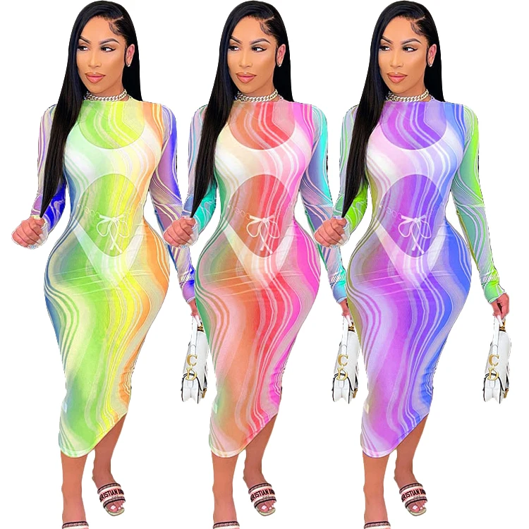 

DUODUOCOLOR New style individuality rainbow printed long sleeve gauze midi summer 2021 stylish women hot sexy dress D10023