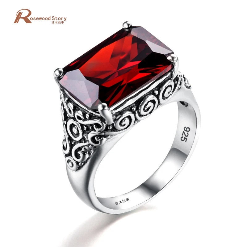 

Real Pure Men Women Garnet Crystal Stone Ring Vintage Engraved Medieval Pattern Elements Jewelry 925 Sterling Silver Ring