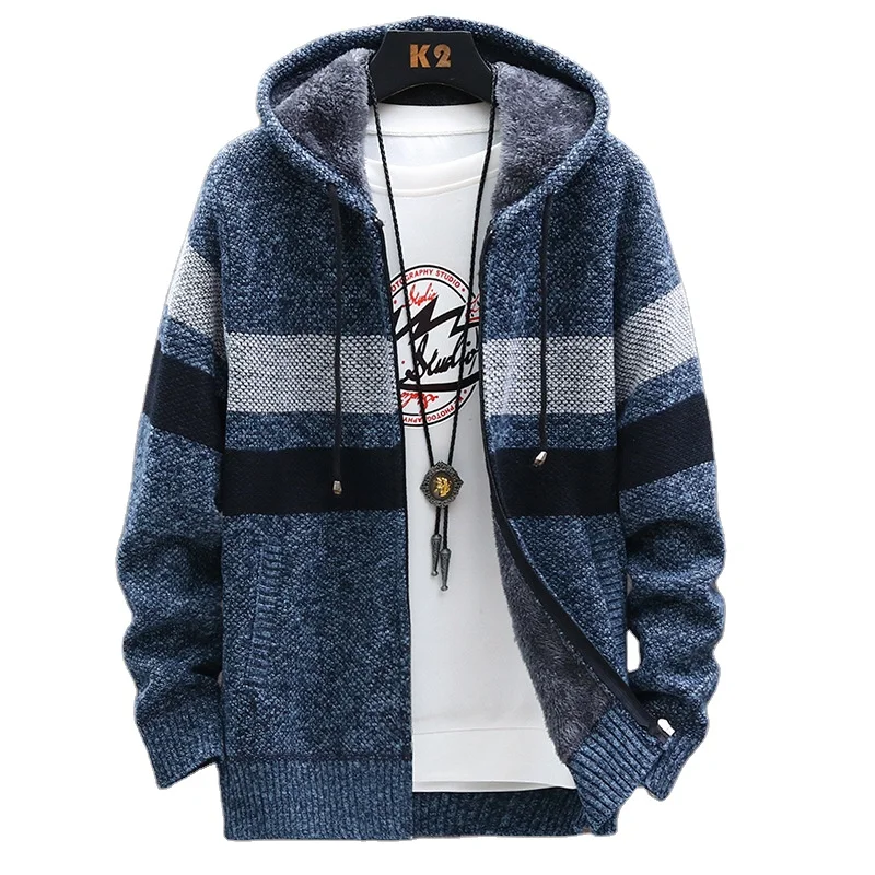 

2021 autumn new men's striped cardigan long sleeve hooded sweater with pocket casual zipper up knitted coat for men, Picture shown