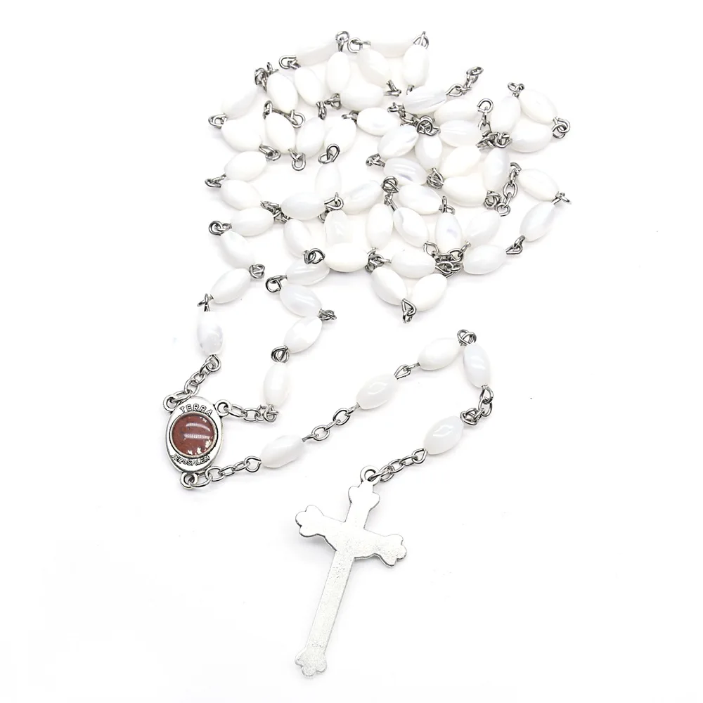 

White Shell Oval Beads Mother Of Pearl Rosary Necklace Jesus Pendants for Necklace Cross Christ Maria Religious Prayer Beads, More