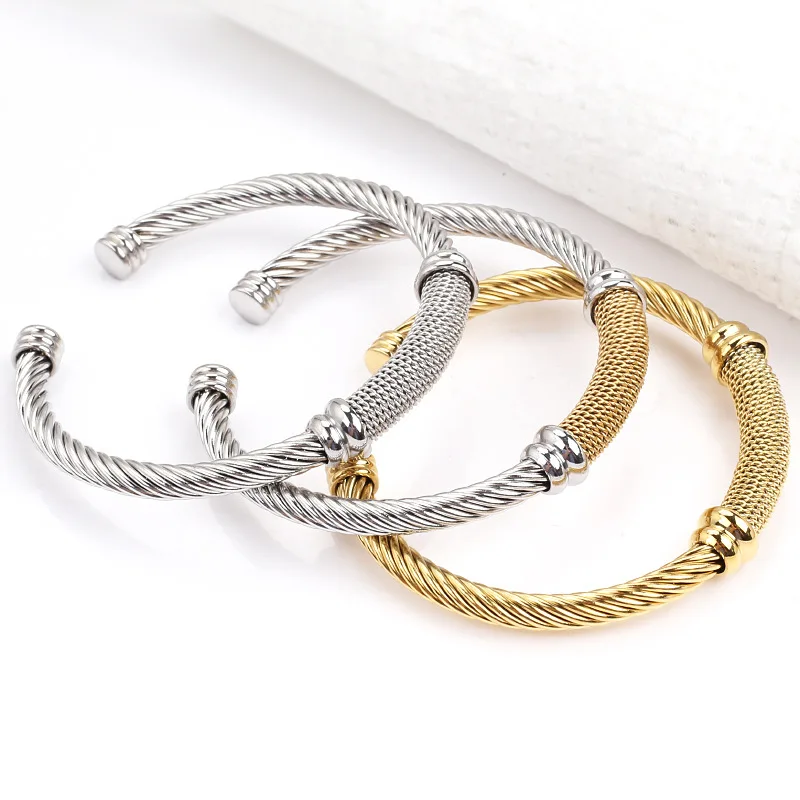 

4 Colors Non Tarnish Textured Cable Chain Open Stainless Steel Bangle 18k Gold Plated Chunky Bangles Women Men Vintage Jewelry