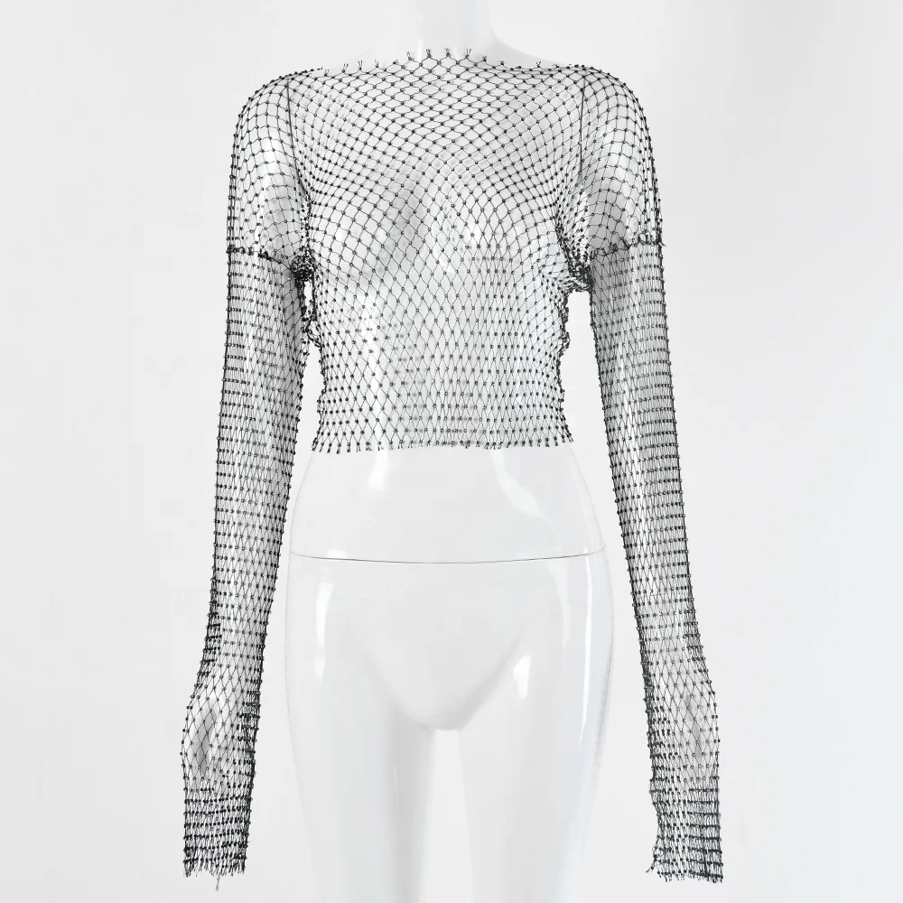 

B51494A Latest design lady trendy round collar shining diamond net t-shirt, Black