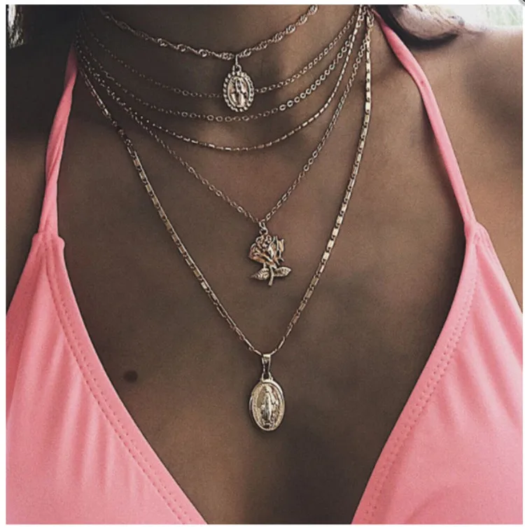 

Punk multi-layer angel rose necklace Japanese and Korean personality hip-hop golden accessories necklace, Picture shows