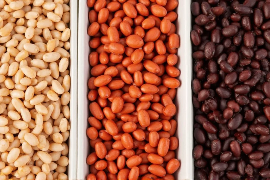Close-up comparison of kidney beans, pinto beans, and black beans in separate bowls