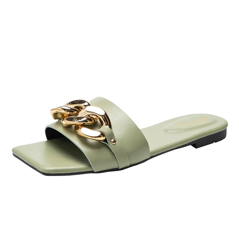 

2021 Fashion 2 Styles gold chain slides new pu leather slippers sandalia mujer nina women flat sandals, Over 9 colors