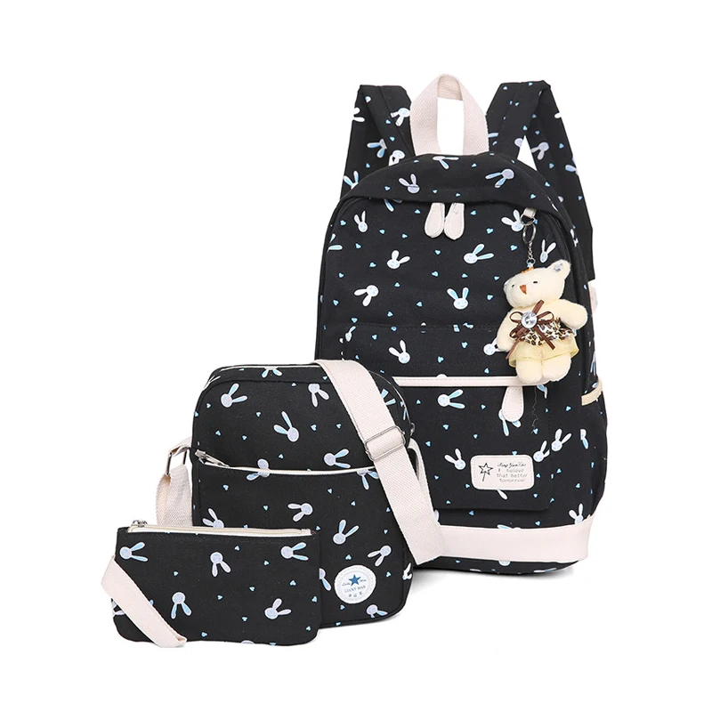 

2022 Cute Print Children Schoolbag Canvas Rucksack 3 piece Set Wear resistant Breathable Cartoon Backpack for Student, Purple, green, black, blue, pink, gray, red