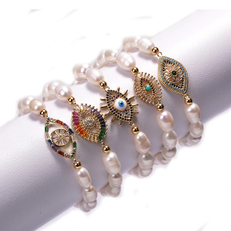 

Custom Size Zircon Eye Charm Freshwater Pearl Bracelet, White pearl