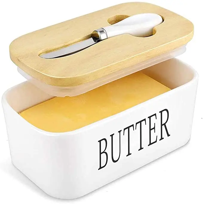 

Amazon hot 550ml large ceramic Butter Dish with lid and butter knife Storage container 2 butter sticks for Refrigerator
