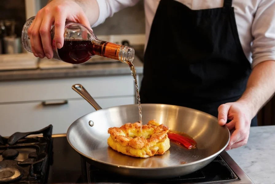 Chef carefully pouring brandy into sizzling pan for pepper sauce preparation