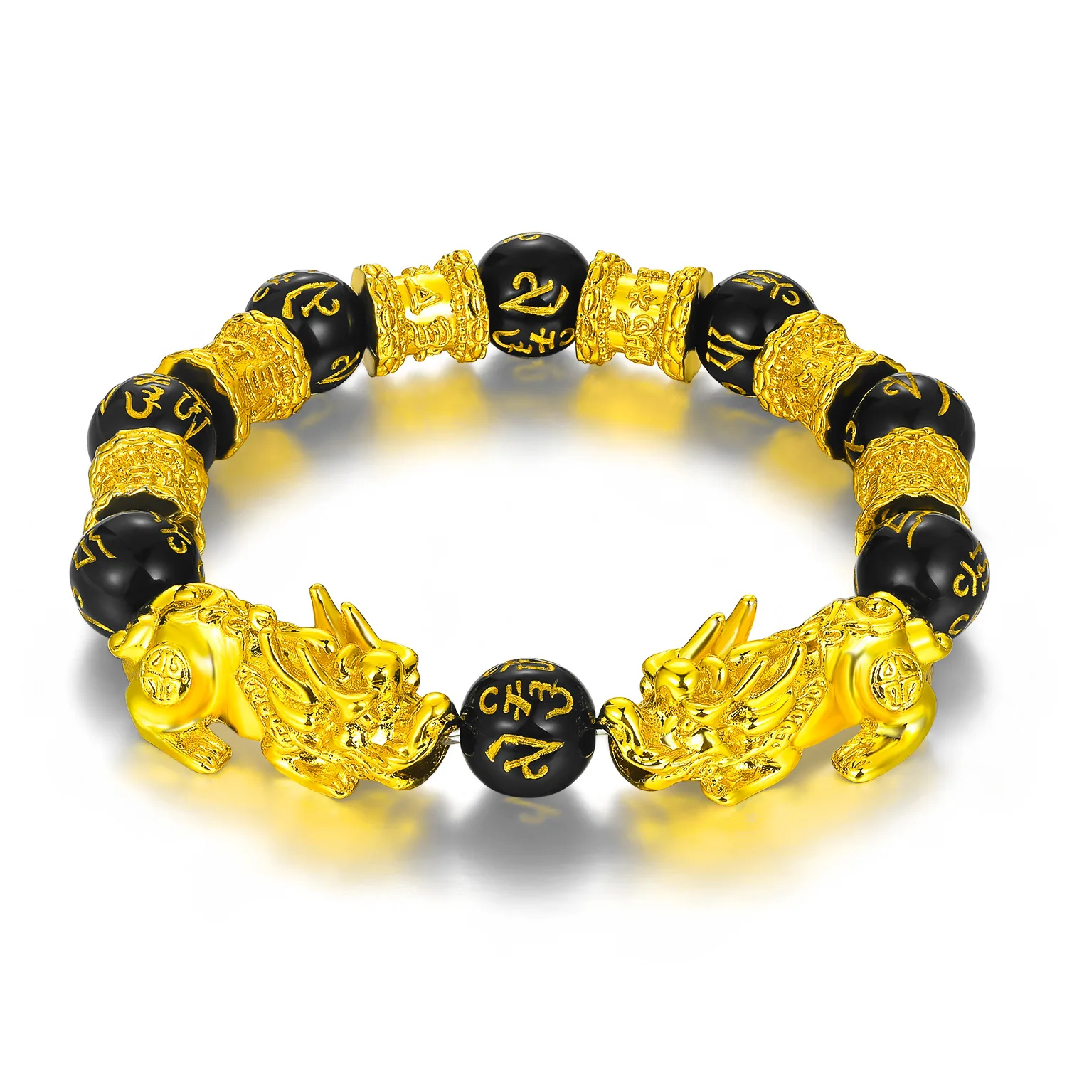 

Promotion By Half Price Black Buddha Beads Bracelet Lucky Pixiu Mani Mantra Black Obsidian Wealth Bracelet, Gold color