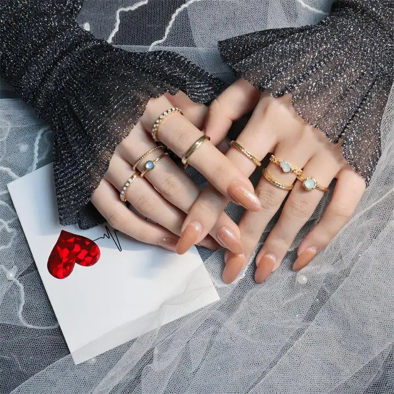 

9PCS Amazon Best Selling 18k Gold Plated Opal Stone Ring Set Natural Crystal Rhinestone Resin Rings