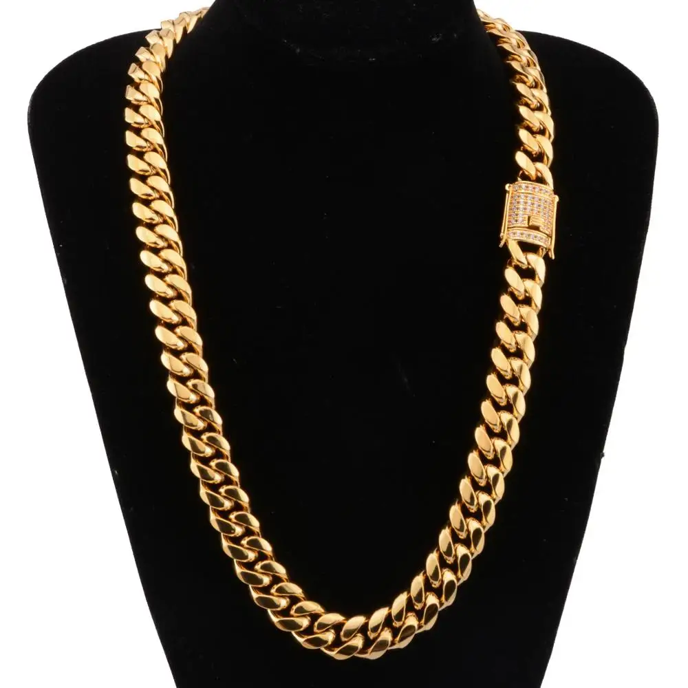 

Wholesale Miami Cuban Link Chain Hip Hop Necklace Jewelry Big Thick Chain Gold Curb Cuban Link Box Chain 18mm Miami Necklace