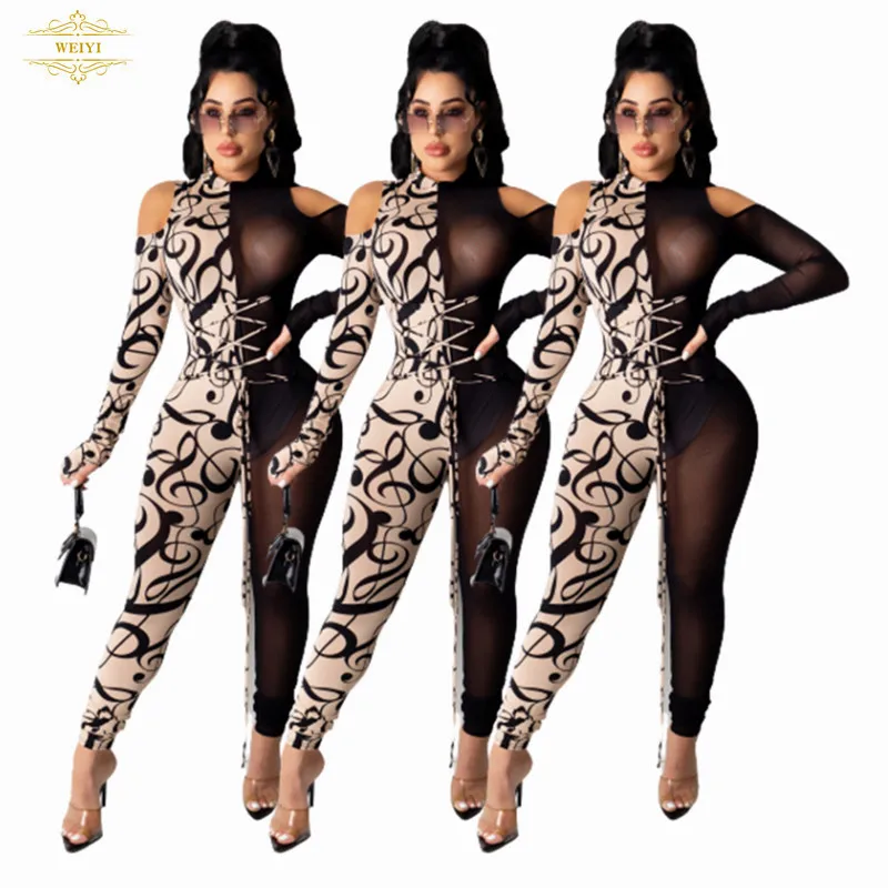 

Trending Stylish Spring Jumpsuit 2021 Long Sleeve Bodycon Sexy Perspective Stitching Net Yarn Mesh Woman one-piece women clothes