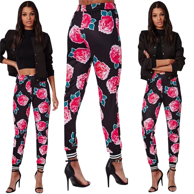 

L-974 European and American street casual Chinese style peony flower pants cropped trousers, Customized color