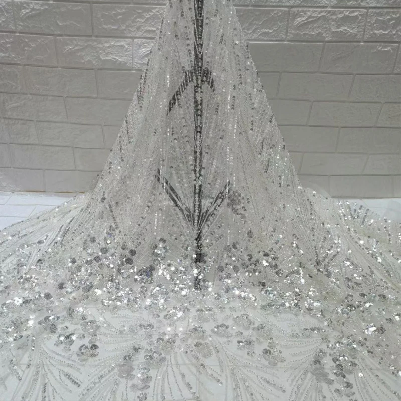 

White Wedding Dress Crystal Beads Sequins Luxury Tulle Bridal Beaded Lace Fabric