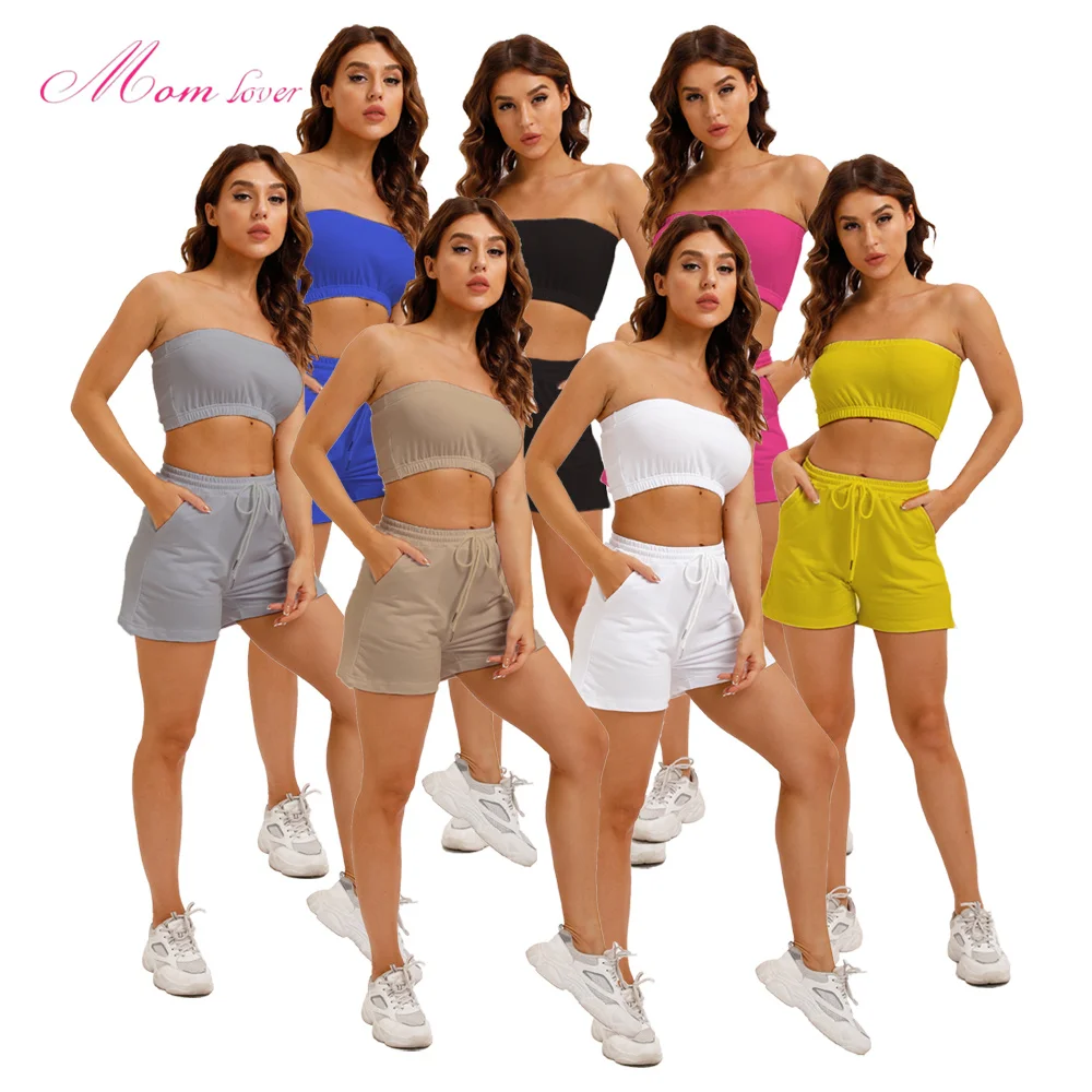 

2021 custom logo biker shorts set women crop top vest 2 two piece set causal crop top short pants set, As picture, welcome to customize