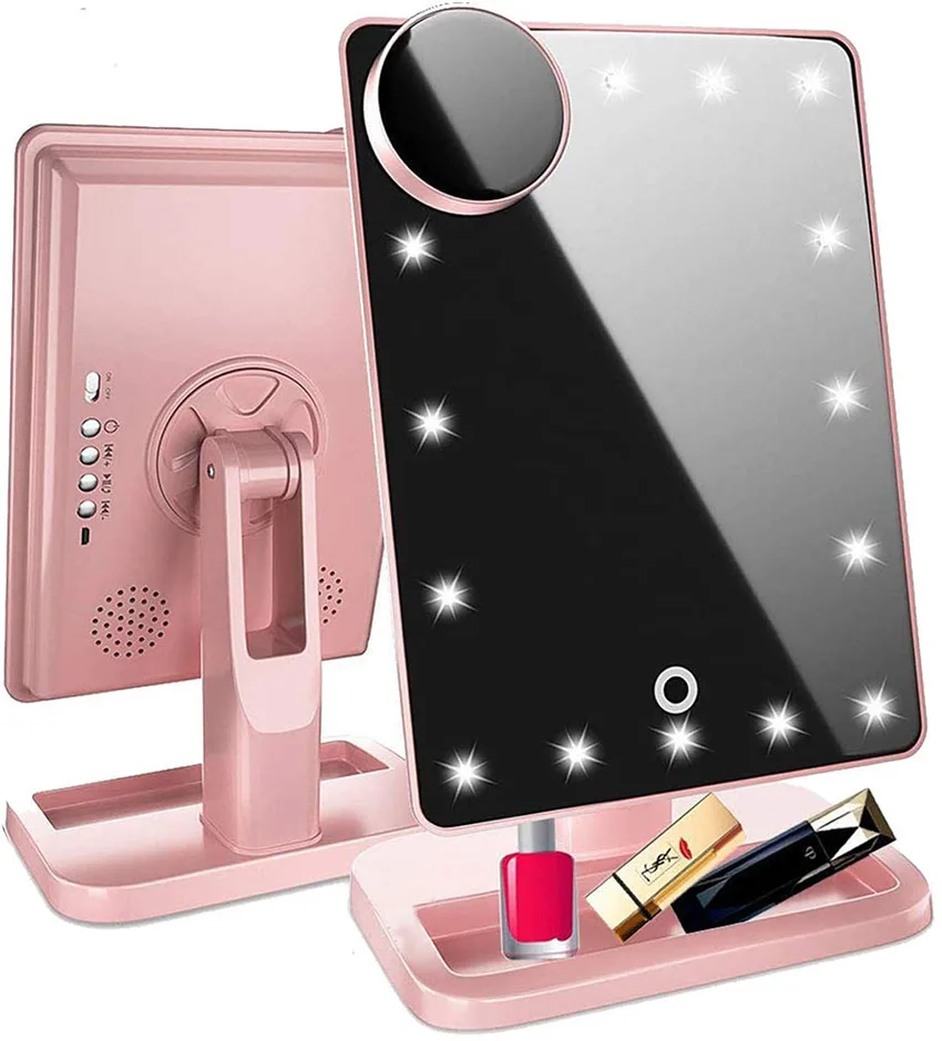 

OMG Cosmetic LED Mirror Makeup OEM Tenfold Hollywood Vanity Lighted Rechargeable Make Up Bluetooth Mirror With Bluetooth Speaker, Black, white and rose gold
