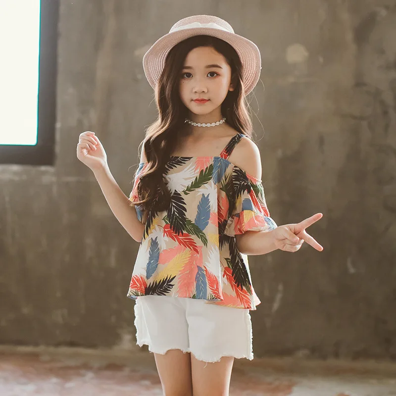 

Girls Summer Clothing Suit 2020 Kids Beach Clothes Teen Set For Children Holiday Clothing Printed T-Shirt+Shorts, As picture