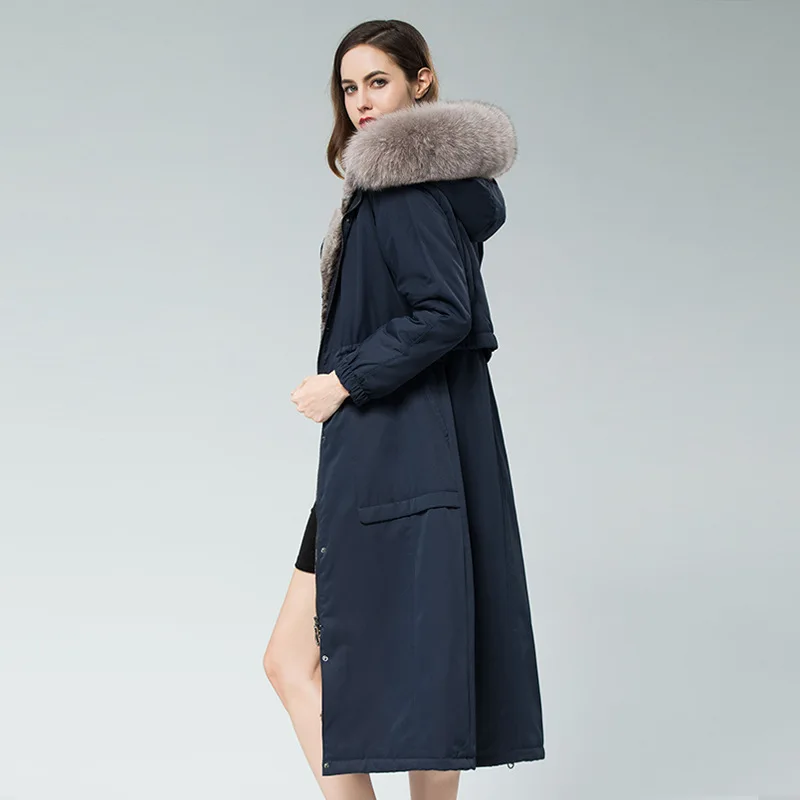 

YQ223 free shipping women Rex Rabbit Fur Lined Jacket coat Detachable Fur Lining Garment Long Rex Fur Parka with Fox Hood