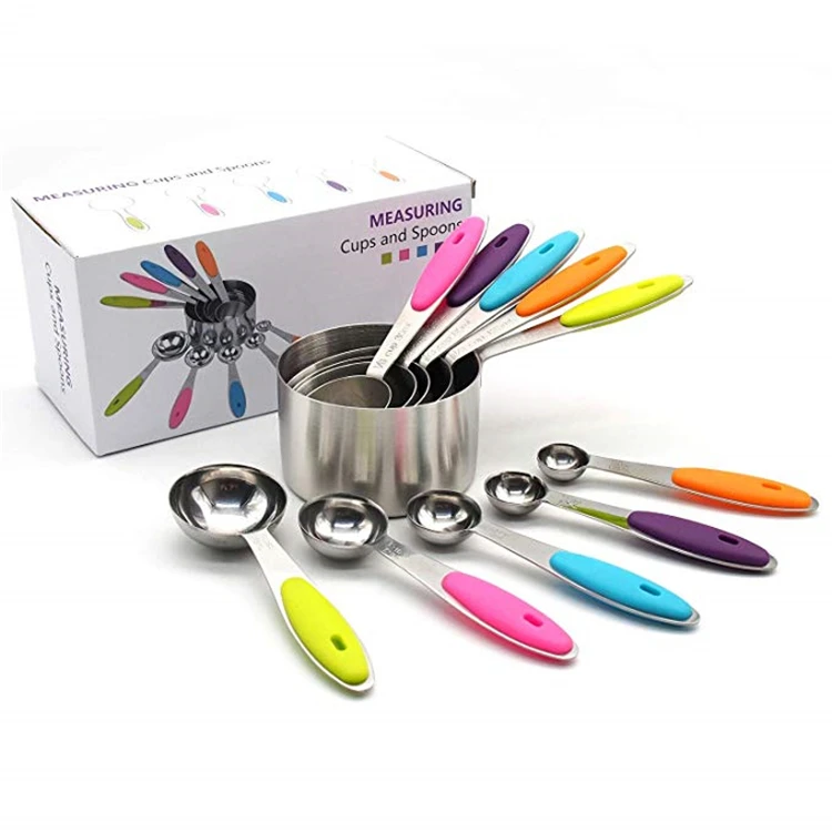 

2020 Eco-friendly Reusable Kitchen Tools Set 10pcs Stainless Steel with Silicone Handle Measuring Spoon Cup Set, Assorted color