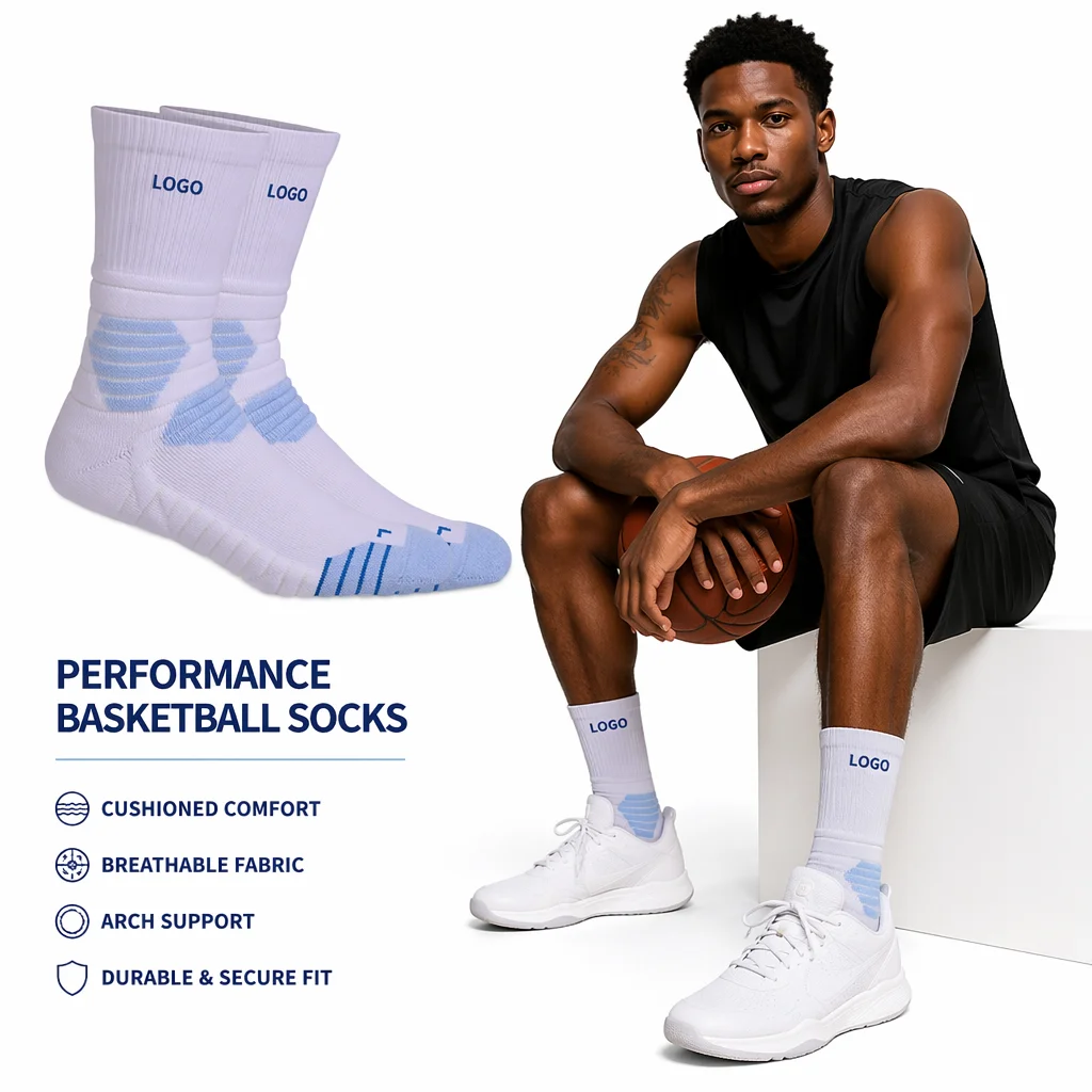 Custom Men's Basketball Crew Socks-Thick Padded Mid Cushion Anti-Slip Design Light Blue and Purple Colors