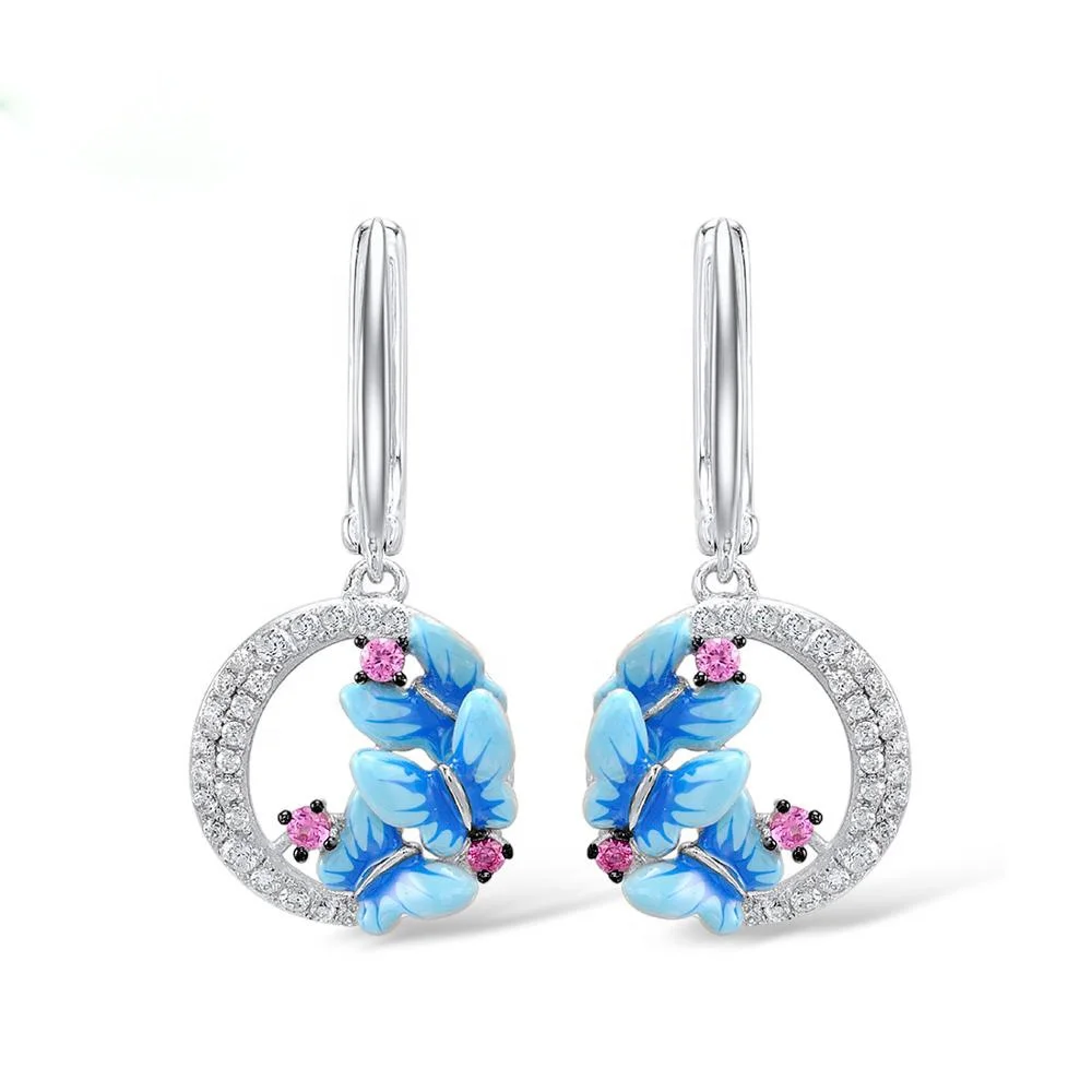 

Cute Blue Butterfly Drop Earrings for Women Trendy Pink White Zircon Silver Wedding Party Circle Dangle Earrings Enamel Jewelry