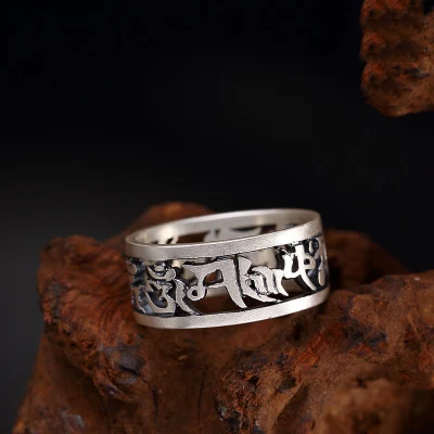 

Vintage 990 Sterling Silver Rings For Women and Men Six Words Mantra Hollow Design Buddhist Jewelry
