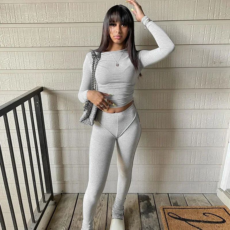 

Hot Sale M01149 - casual solid color long sleeve t shirt and pants women two piece outfits