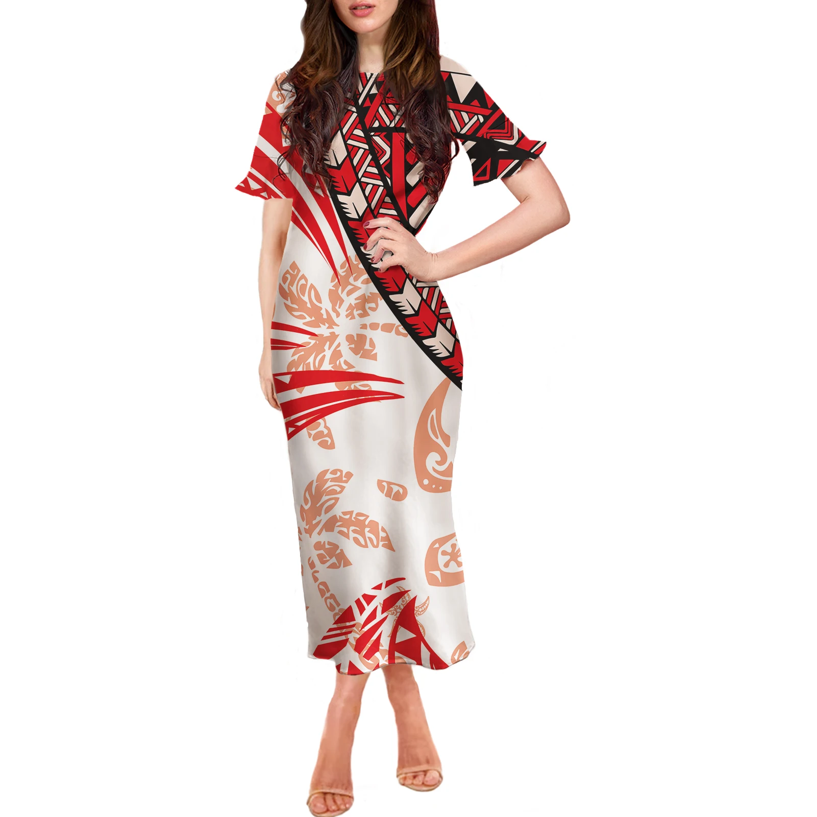 

Dresses Women Short Sleeves High Quality Luxury Dress 2021 Red Polynesian tribal Printing Design Clothing Maxi Dress