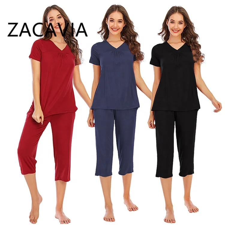 

ZACAVIA 2021 New Ladies Pajamas Suit Fashion Modal Fabric Women's Short-sleeved Suit Casual Solid Color Pajamas, Photo color