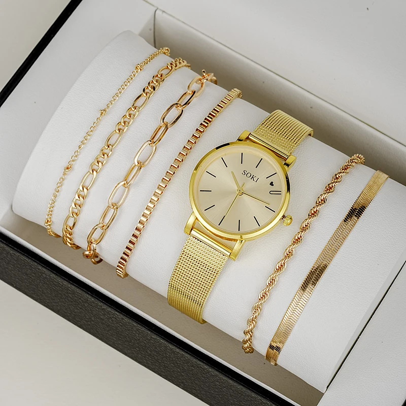 

Finetoo Fashion Gold Quartz Watch Set Gold Layered Chain Bracelet Watch Jewelry Set for Women