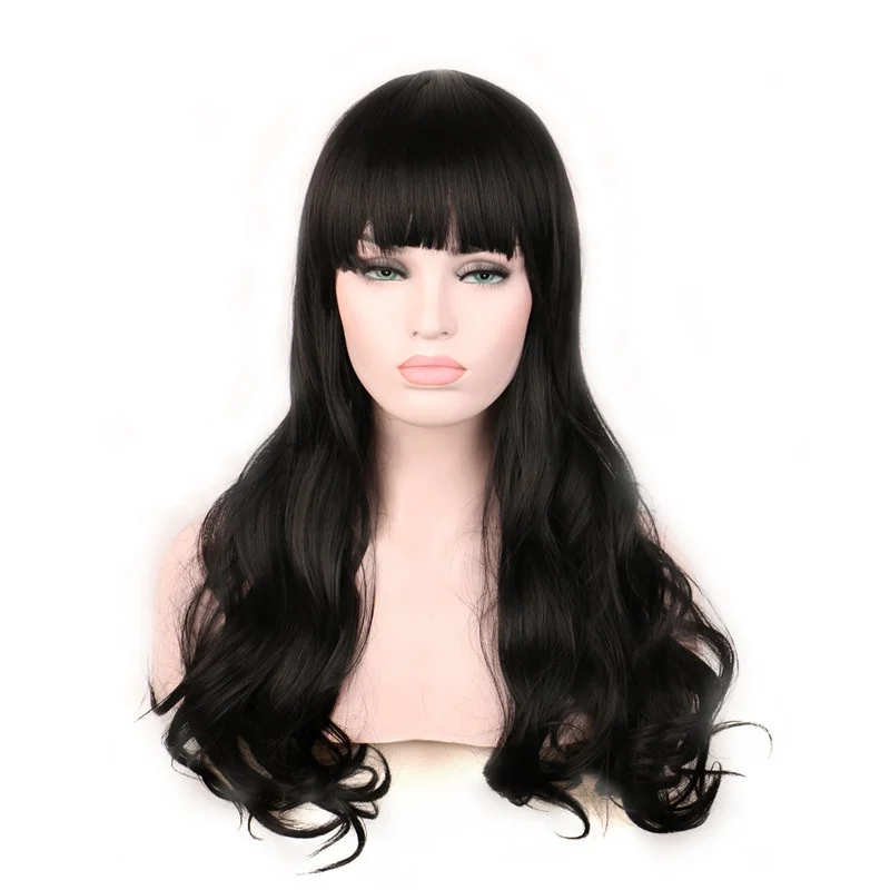 

Long Cosplay Heat Resistant Cheap Wigs For Women Synthetic Hair Wavy Wig With Bangs