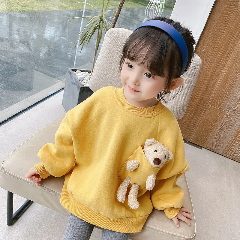 

Thicker Colorful Baby Girl Pullover Full Sleeve with Bear Kids Sweaters Warm Outwear for Autumn Winter Sweatshirts for Girls, Yellow/purple/sky blue/pink