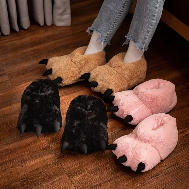 

Winter Cartoon Bear Paw Cotton Slippers Couple Indoor Men And Women Cute Tiger Paw Warm Bag With Animal Plush Slippers, Picture