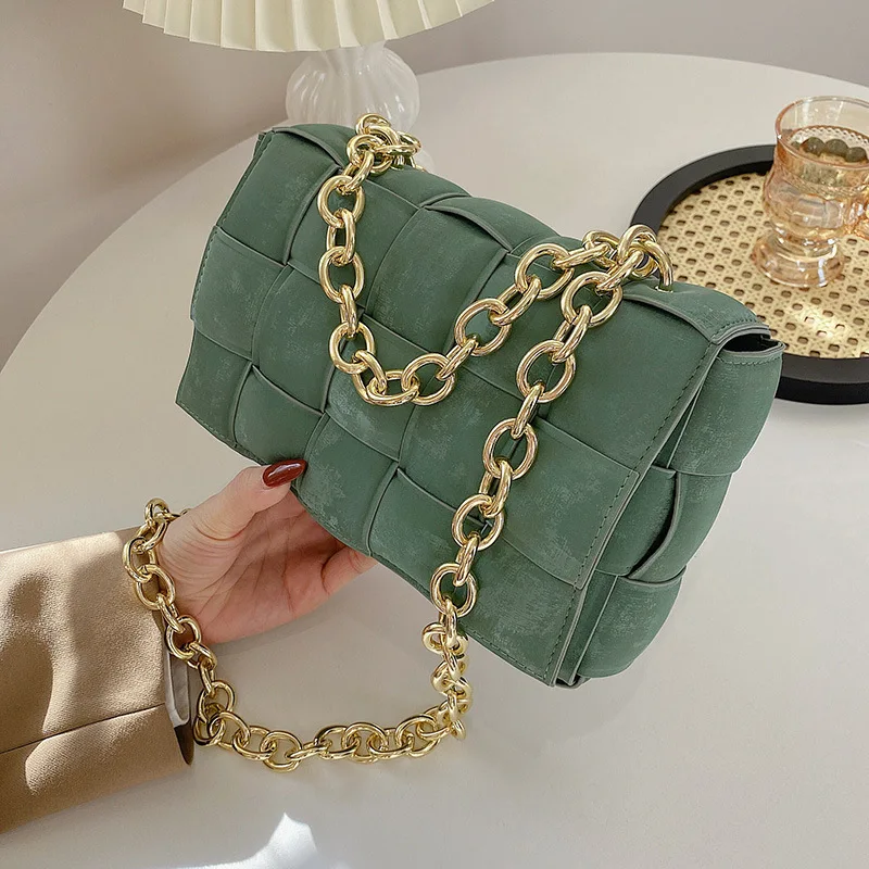 

Faux Suede Leather Women Luxury Designer Bag Woven Messenger Bag with Chains for Female Shoulder Tote Handbags and Purses 2021