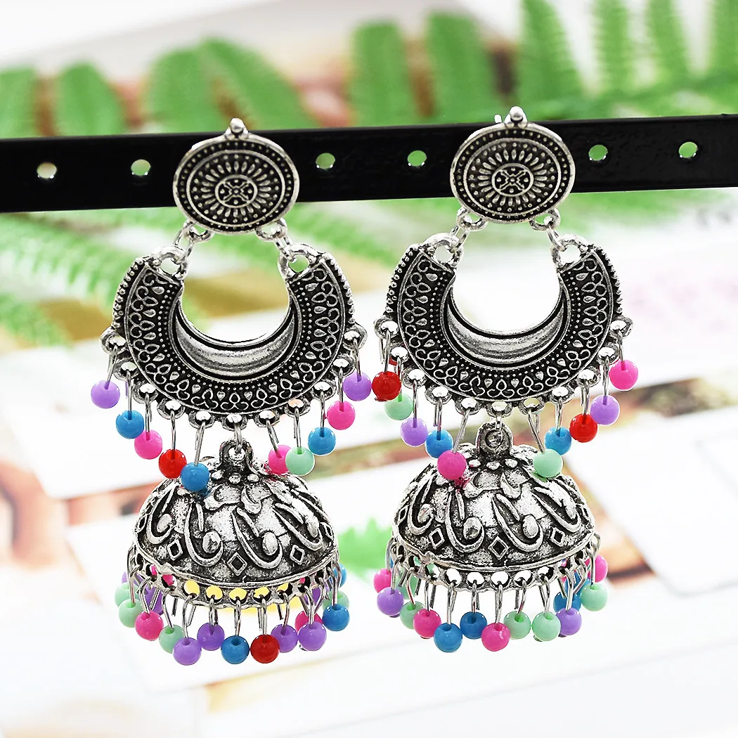 

Gypsy Indian Beads Tassel Statement Earrings Female Bohemian Jewelry Ethnic Vintage Style Silver Zamak