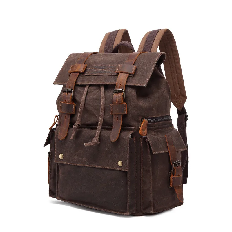 

Genuine Leather Backpack for 15.6 inch laptop Oil wax Canvas Rucksack Crazy Horse Leather Men Backpacks, Yellow coffee army green grey